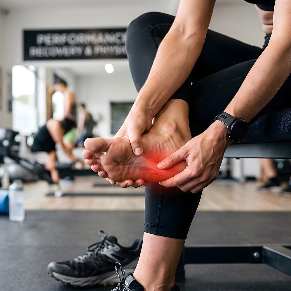 A woman in the gym, holding her foot, which has a red patch highlighting that she has plantar fasciitis