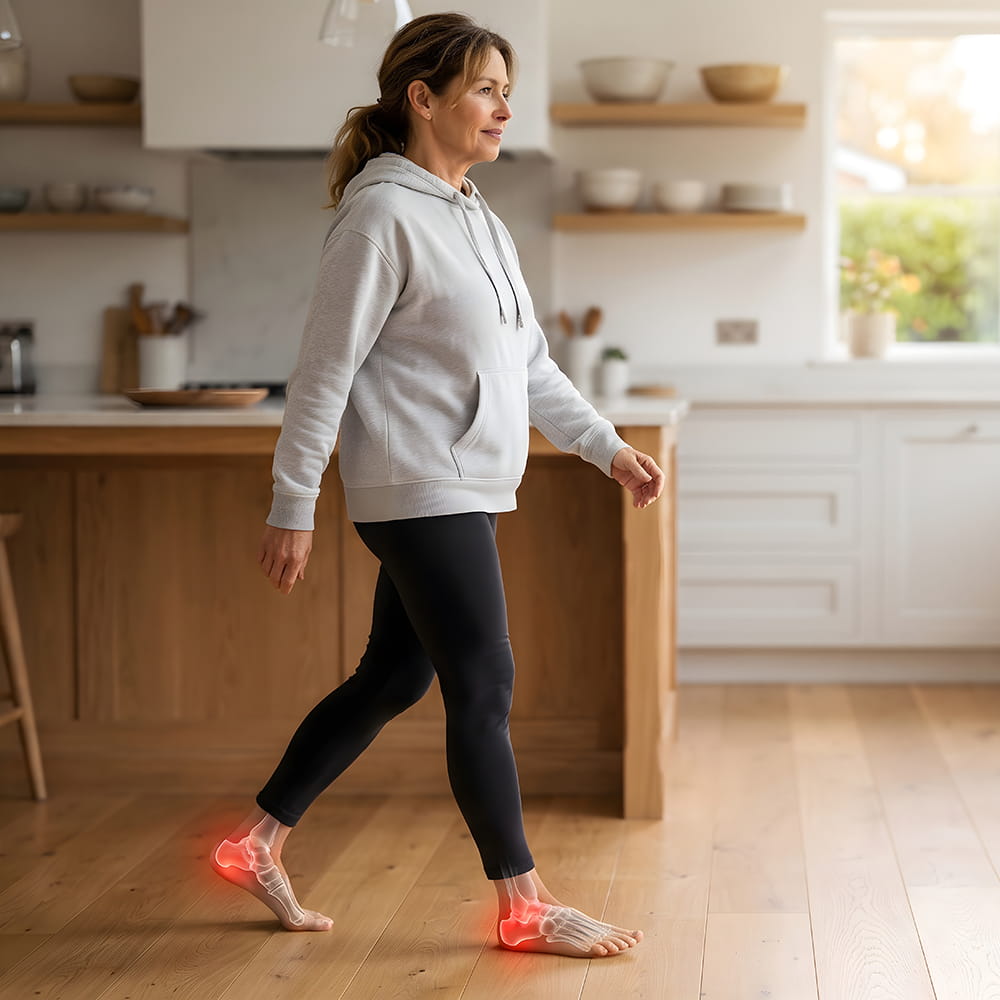Woman walking through her kitchen with red highlights on her heels, showing she has plantar fasciitis